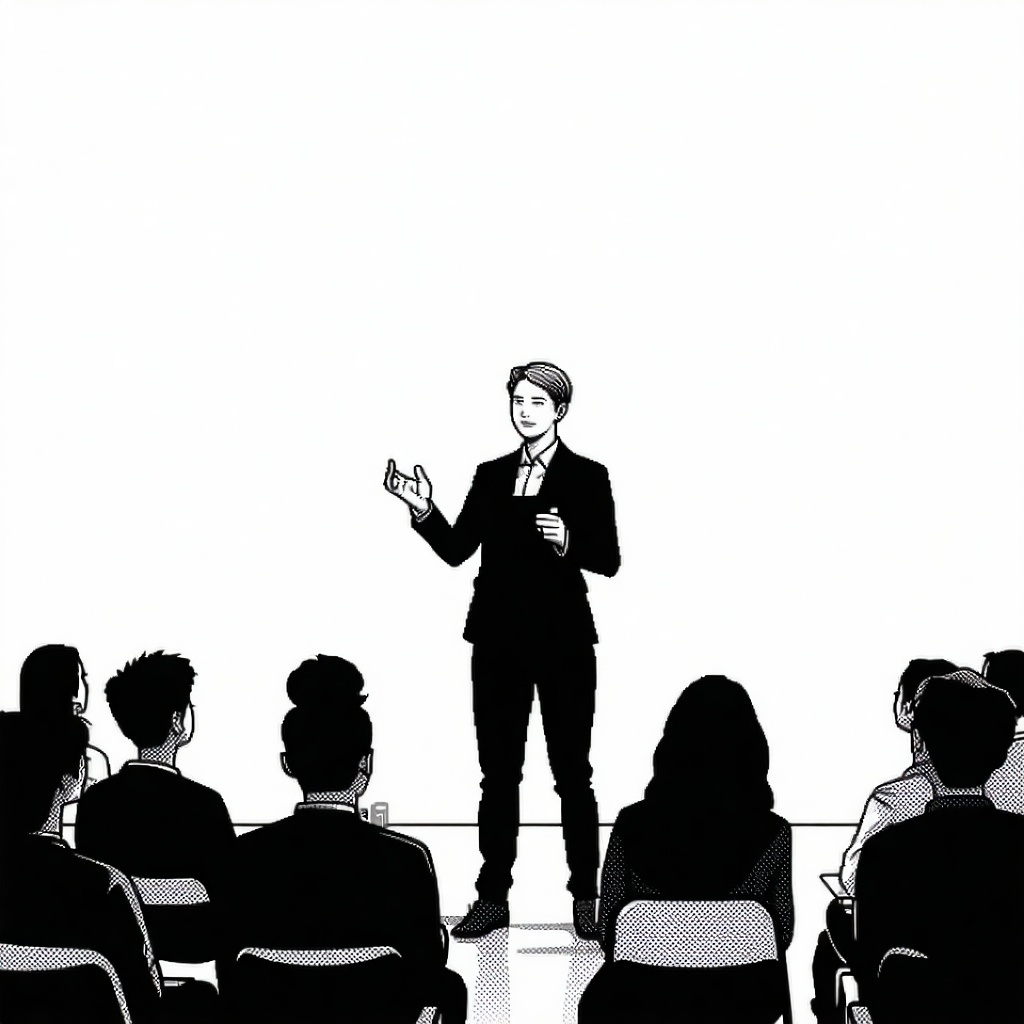 The image captures a scene where an individual stands confidently at the forefront gesturing expressively as they engage with a captivated audience The backdrop is minimalist emphasizing the presenter who is dressed in professional attire while the a