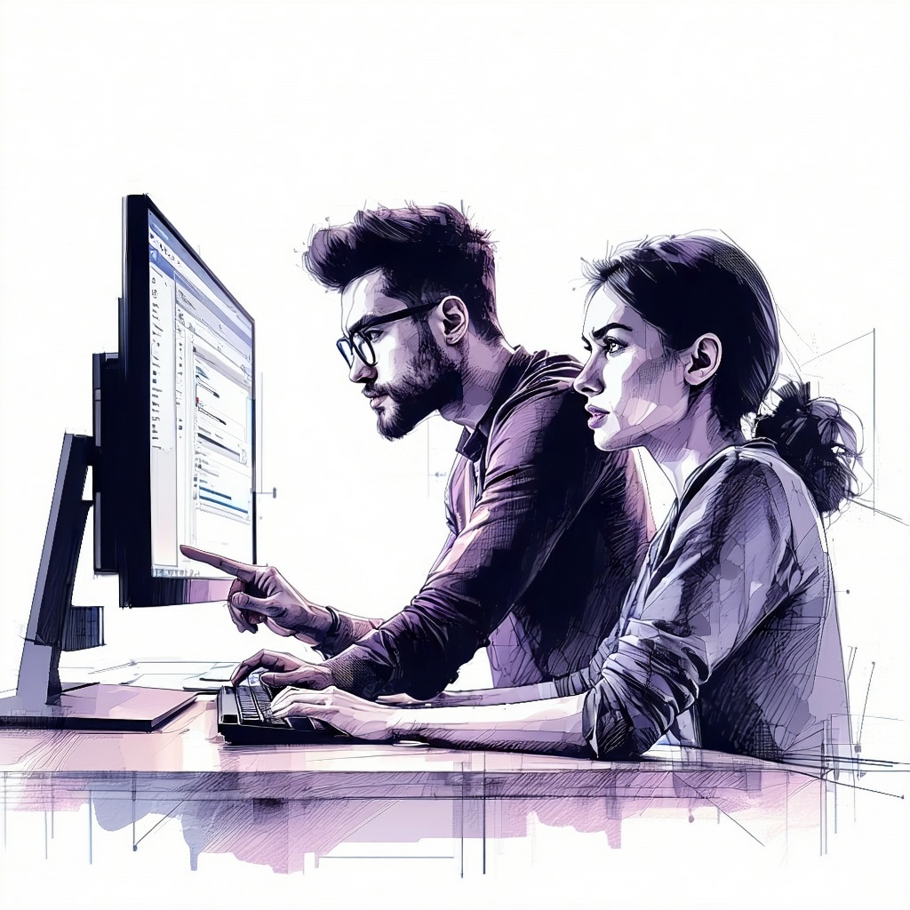 The image captures an intimate moment in a learning environment with a single color palette that emphasizes the connection between the two individuals The seated person deeply focused on the computer screen appears slightly puzzled while the trainer-3