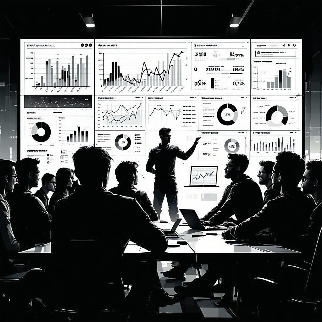 The image depicts a factory team meeting rendered entirely in shades of black which creates a striking monochromatic effect that draws attention to the details of the scene At the forefront a large dashboard filled with complex process data looms on-1